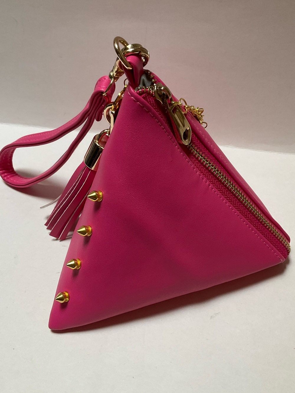 Synthetic leather triangle Hot Pink Wristlet Clutch Gold Spike Summerween Charms